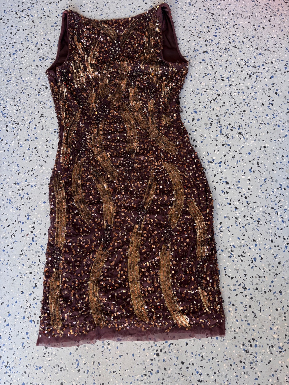 Adrianna Papell Burgundy Sequin Midi Dress with Gold Accents